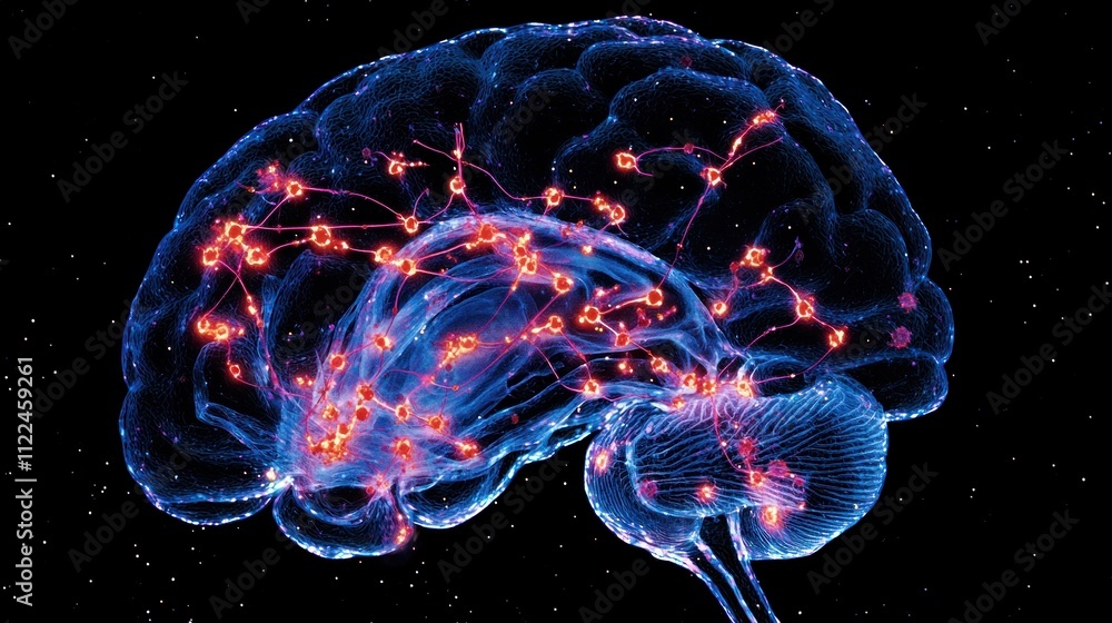 Poster a brain with interconnected neurons highlighting addiction pathways.