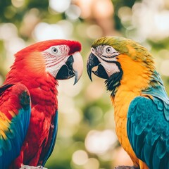 Fototapeta premium Two vibrant macaws face each other, showcasing their colorful plumage against a blurred green background.