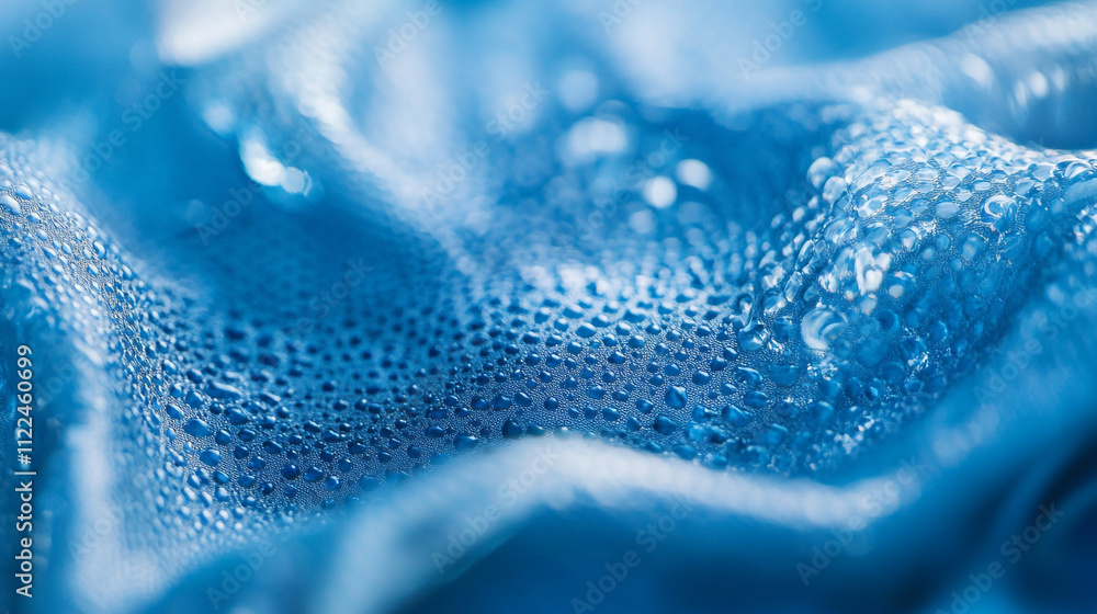 Poster water droplets on textured blue fabric create a captivating visual effect under soft light