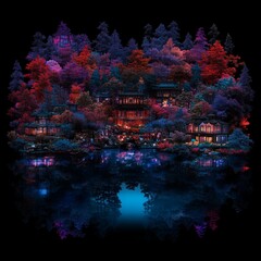 Fototapeta premium Vibrant nighttime scene of illuminated houses nestled amongst colorful trees reflected in a still lake.