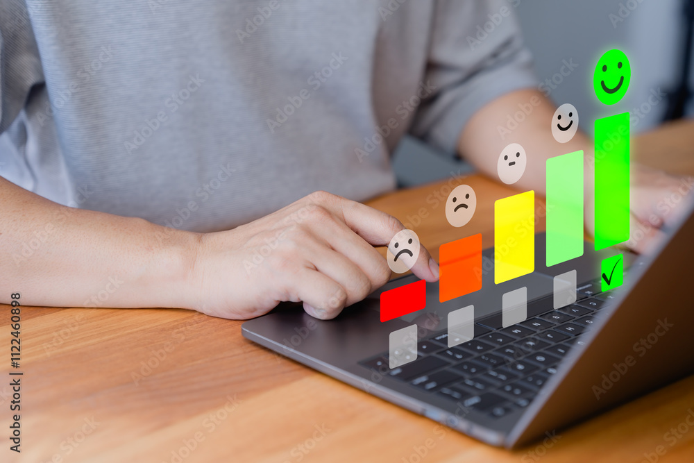 Poster customer using a laptop select a happy face icon from a feedback scale with five emoji option, symbo