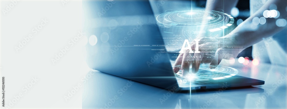 Aufkleber AI, Machine learning, Hand touch connected of ai on big data network, Science and artificial intelligence technology, Chatbot, Algorithm, blockchain, Internet and networking, innovation and futuristic