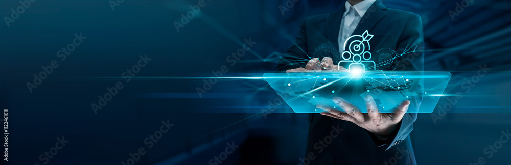 Poster human resources management concepts, human resources manager holding virtual human icon with target 