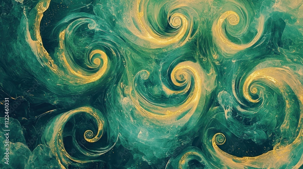 Poster a swirling pattern of green and gold gradients creating an abstract representation of organic growth