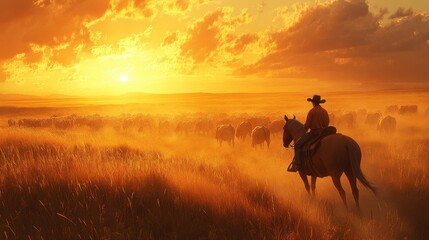 Naklejka premium Silhouette of a cowboy riding a horse at sunset in a golden field, evoking a wild west adventure 