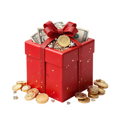 red gift box with gold coins and cash