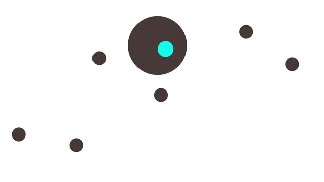 A large circle with a blue core moves between the smaller balls or circles.