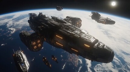 Obraz premium Space Fleet Above Earth: Sci-Fi Spaceships Orbiting a Blue Planet