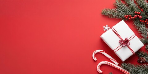 christmas concept, gifts, candy canes, and fir branches on red background with copy space