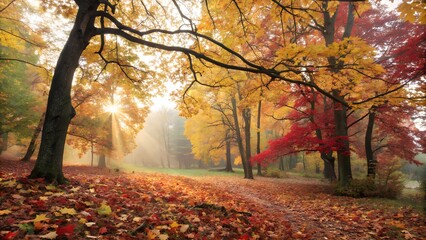 "Autumn forest with golden and red leaves, sun rays breaking through the trees."
