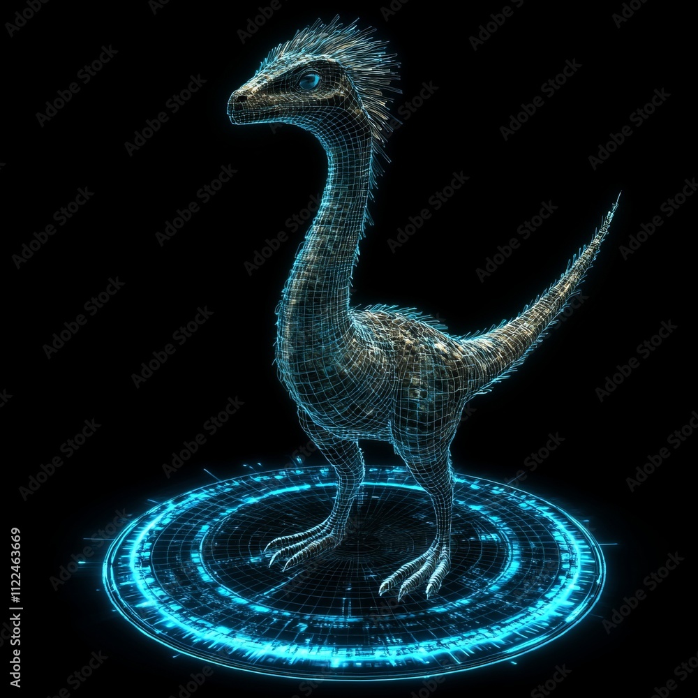 Poster wireframe dinosaur model on a futuristic platform.