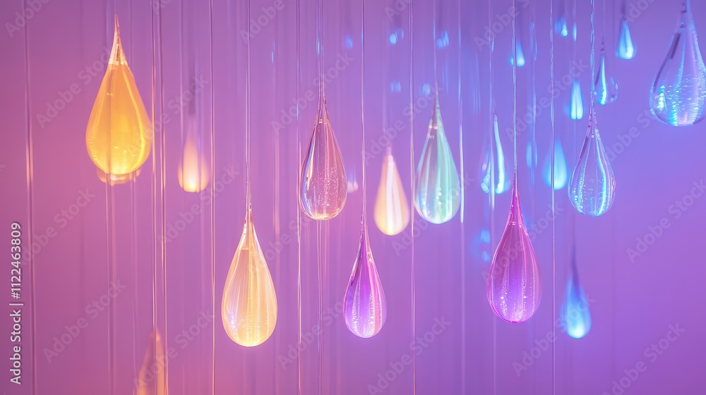 Aufkleber cascading led light droplets frozen in mid-fall, casting soft colors and creating a surreal ambiance
