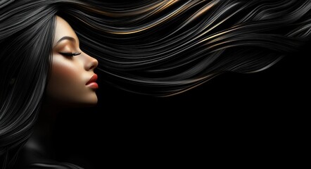 Stylized portrait of a woman with sleek, glossy black hair blowing in the wind, modern elegance
