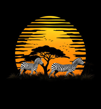 recommend clip art: silhouette of zebras running under the sunset in an African savanna