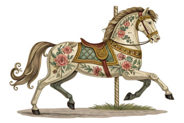 vintage carousel horse with painted floral designs  engraving color sketch illustration