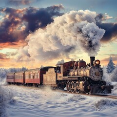 Fototapeta premium magical steam train traveling through a winter wonderland, with snow-covered landscapes and a vibrant, dreamy sky filled with swirling colors at sunset