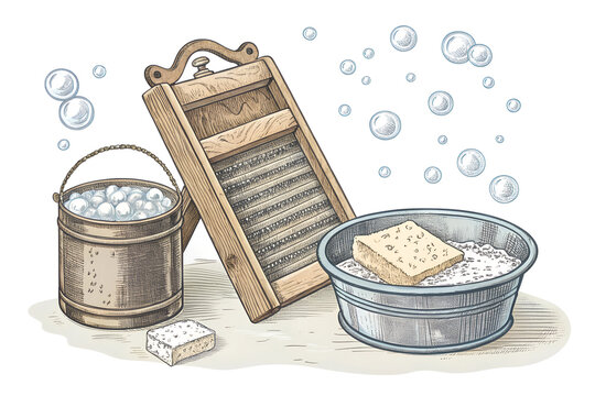 vintage washboard with soap and bubbles