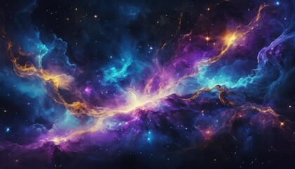 Fototapeta premium A stunning display of colors arises from a cosmic explosion, highlighting vibrant nebulae and swirling gases in the depths of space. Bright stars punctuate the captivating scene.