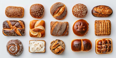 Variety of freshly baked bread loaves arranged in rows on a white background. The image showcases different shapes, sizes, and textures of bread, including sourdough, ciabatta, rye, and white bread.