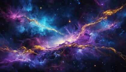 Fototapeta premium A stunning display of colors arises from a cosmic explosion, highlighting vibrant nebulae and swirling gases in the depths of space. Bright stars punctuate the captivating scene.