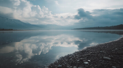 Calm lake reflecting cloudy skies in a serene mountain landscape at dawn