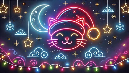 Colorful neon background in the shape of a cat wearing a Christmas hat.