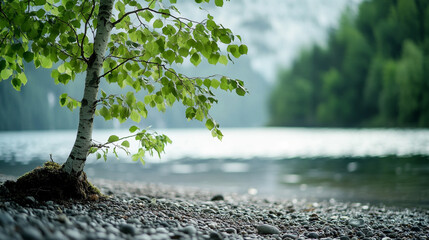 Tranquil lakeside landscape featuring a birch tree and serene water reflections