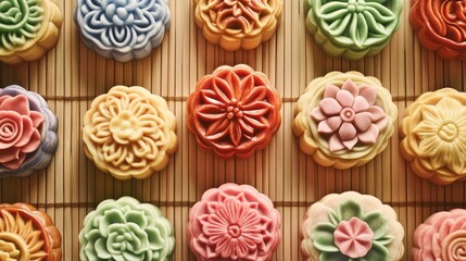 Fototapeta premium Colorful Traditional Mooncakes Arranged Beautifully on Bamboo Mat