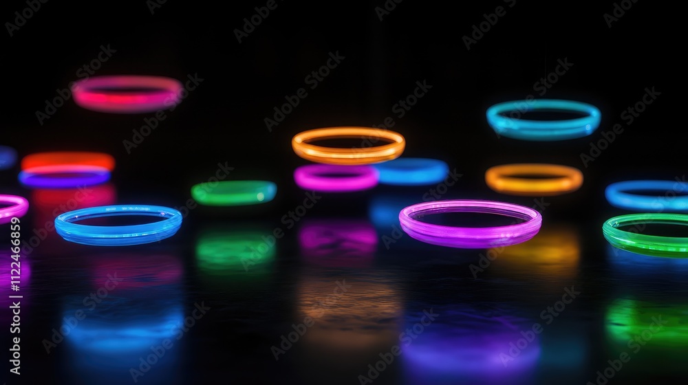Poster colorful led rings floating in a dark space, each ring emitting a unique hue and creating a layered 