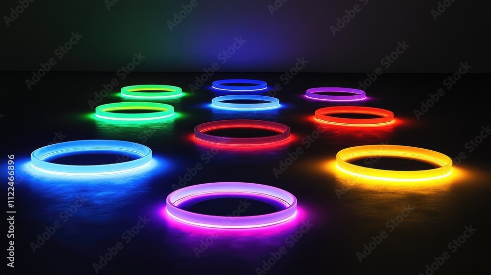 Poster colorful led rings floating in a dark space, each ring emitting a unique hue and creating a layered 