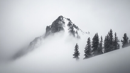 Obraz premium Majestic mountain peak shrouded in mist with evergreen trees in a winter landscape