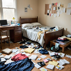arafed bedroom with messy bed and desk with laptop on it

