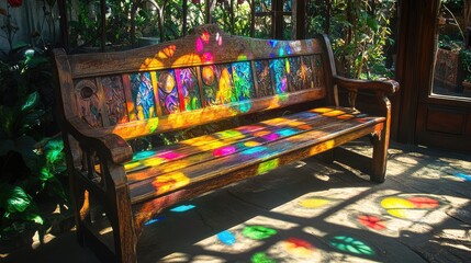 Fototapeta premium Dappled sunlight through stained glass creates gentle, colorful patterns across an antique wooden bench