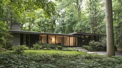 modern prefabricated house situated in a lush forest, enveloped by greenery and tall trees, showcasing a perfect blend of architecture and nature