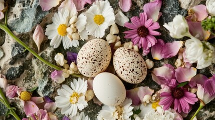 Obraz premium Beautiful Nesting Eggs Surrounded by Colorful Spring Flowers