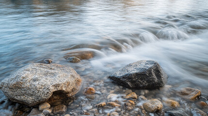 Flowing water over smooth stones by the riverbank creates a serene natural landscape