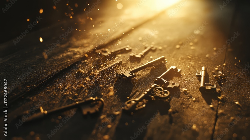 Poster dust particles floating in sunlight as it streams onto a collection of antique brass keys lying on a