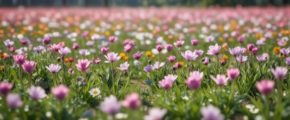 Obraz premium Spring flower field in a shallow depth of field with blurred background and soft focus, landscape, garden