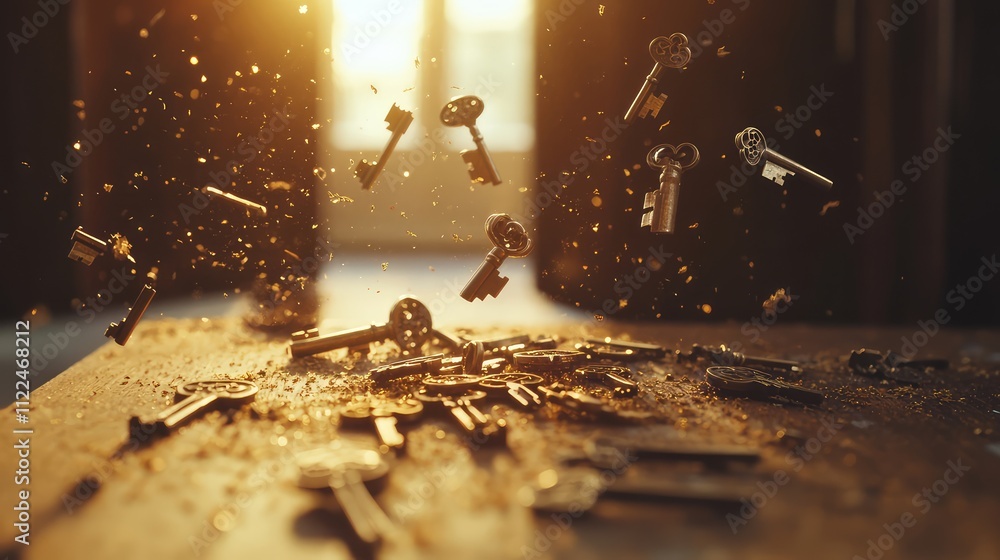 Poster dust particles floating in sunlight as it streams onto a collection of antique brass keys lying on a