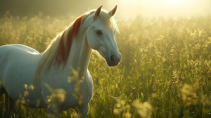 white horse galloping in a field
