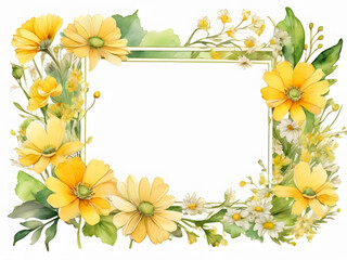 Fototapeta premium A vibrant watercolor floral frame featuring bright yellow flowers and lush greenery.