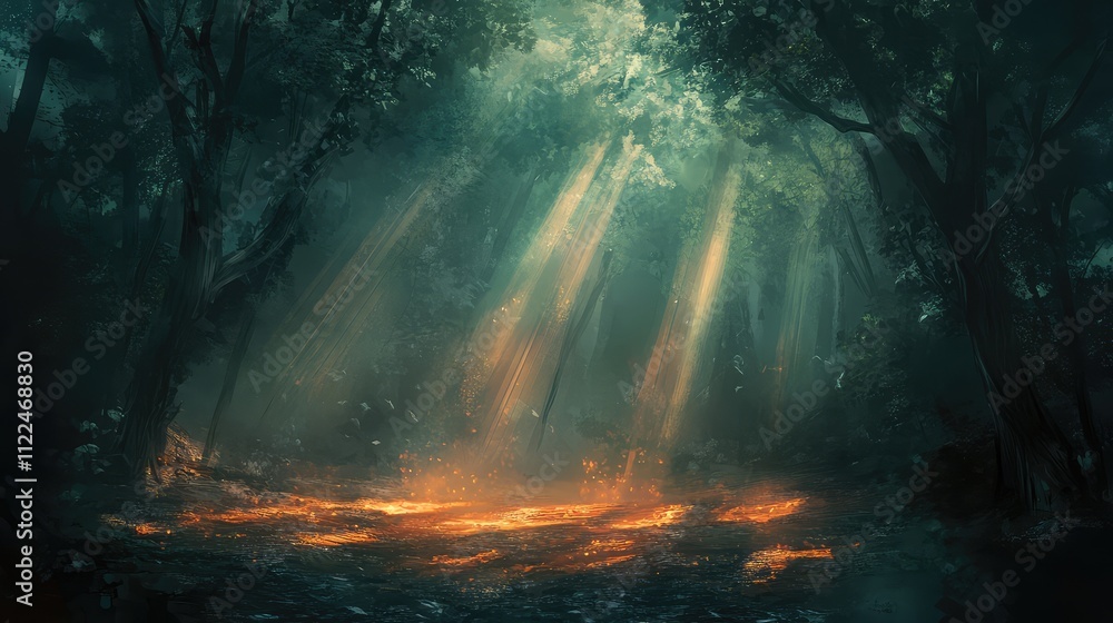 Aufkleber ethereal light beaming through a smoky forest, with beams creating patterns on the ground