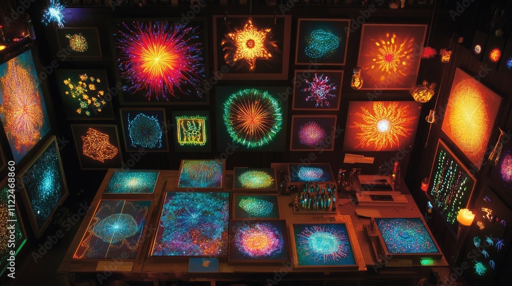 Poster vibrant abstract art gallery display with colorful light patterns