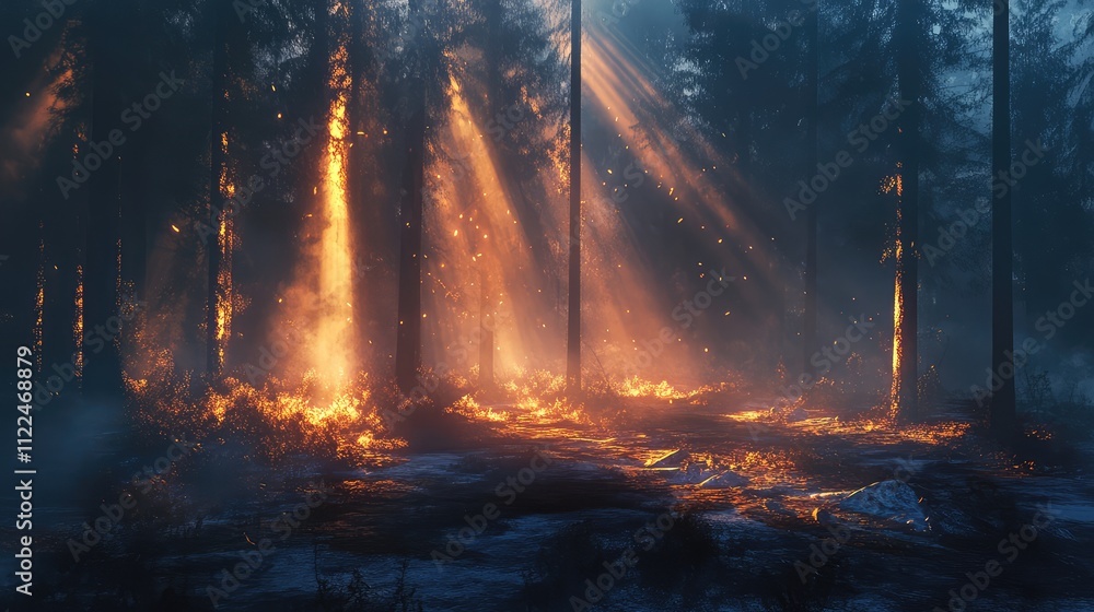 Poster ethereal light beaming through a smoky forest, with beams creating patterns on the ground