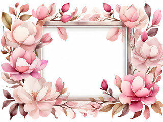 Fototapeta premium A delicate watercolor floral frame with soft pink magnolias and lush greenery.