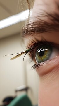 A person with a swollen eye from an insect sting, sitting in an emergency room