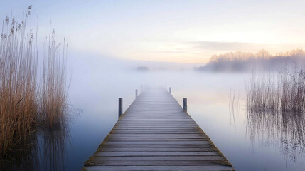 Fototapeta premium Lush dock emerging from fog at dawn on a tranquil lake with surrounding reeds
