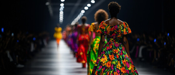 Obraz premium Stunning runway showcasing vibrant floral dresses worn by models. colorful designs create lively atmosphere, captivating audience with their beauty and elegance