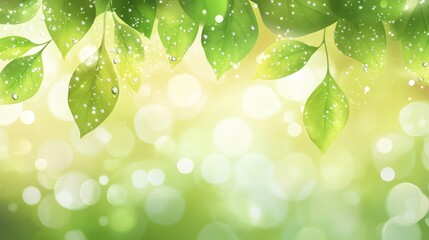 Fototapeta premium Fresh Green Leaves with Water Droplets and Soft Bokeh Background