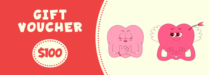 Vintage love gift voucher template. Cute and lovely hearts character in retro groovy style. Flat vector illustration, banner, horizontal flyer